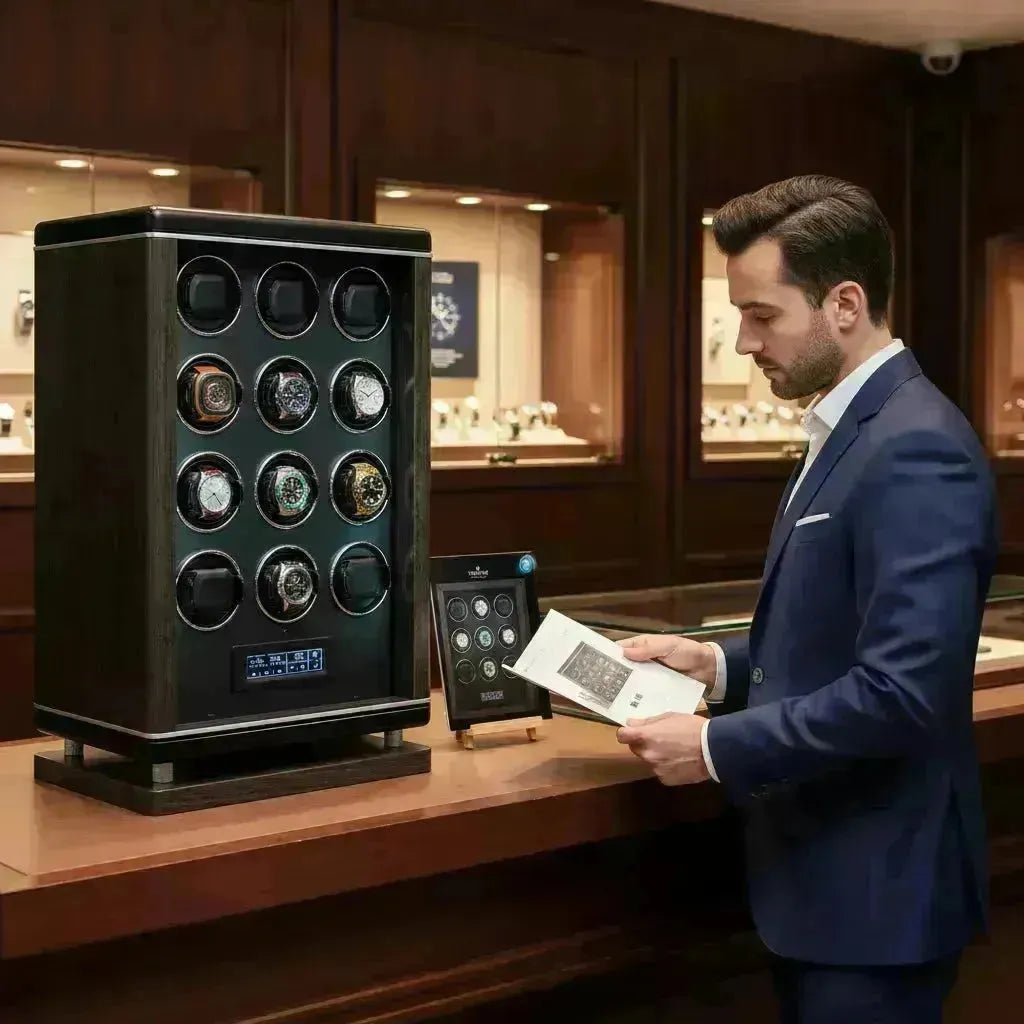A man in a suit examines a large wooden watch winder cabinet displaying luxury watches.
