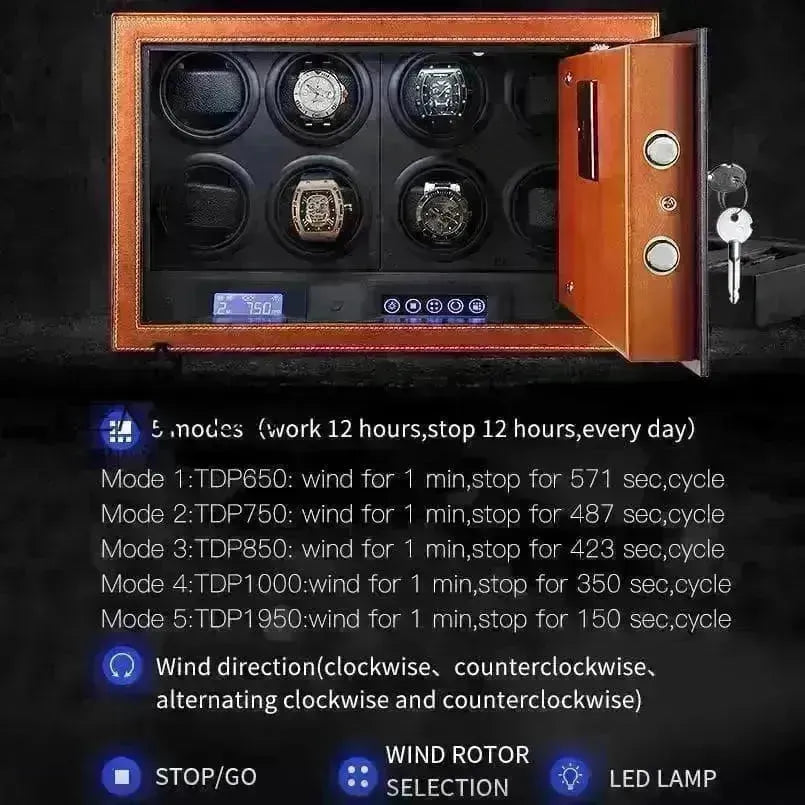 Luxury leather watch winder safe with six rotating slots and digital control panel settings.