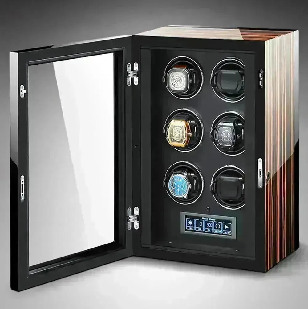 Modern six-slot watch winder with a glass door, wooden exterior, and digital touchscreen control panel.