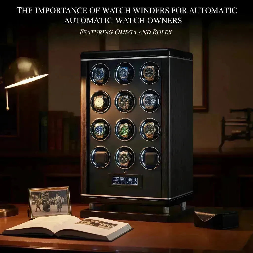 Elegant dark wood watch winder displaying twelve automatic watches, including Omega and Rolex models, on a desk.