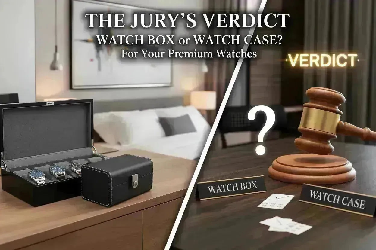Black leather watch box with four premium watches and a closed watch case, beside a judge's gavel.
