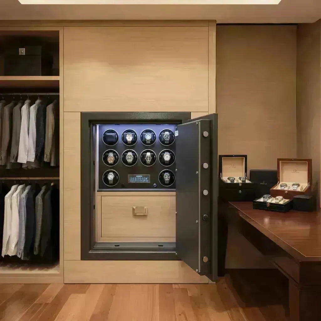 Open Tempus watch winder safe with nine luxury watches, integrated into a light wood closet.