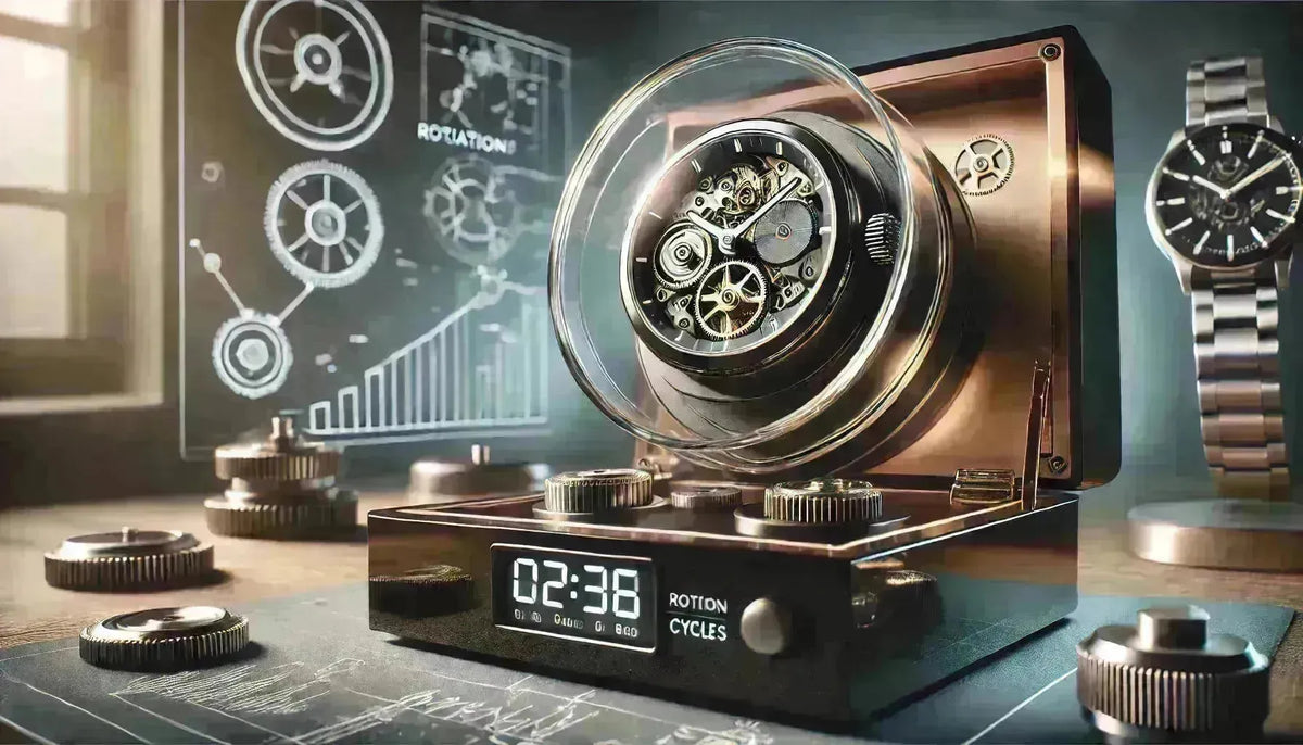 Luxury watch winder with a digital display and glass dome, set against a technical background of gear rotation diagrams.