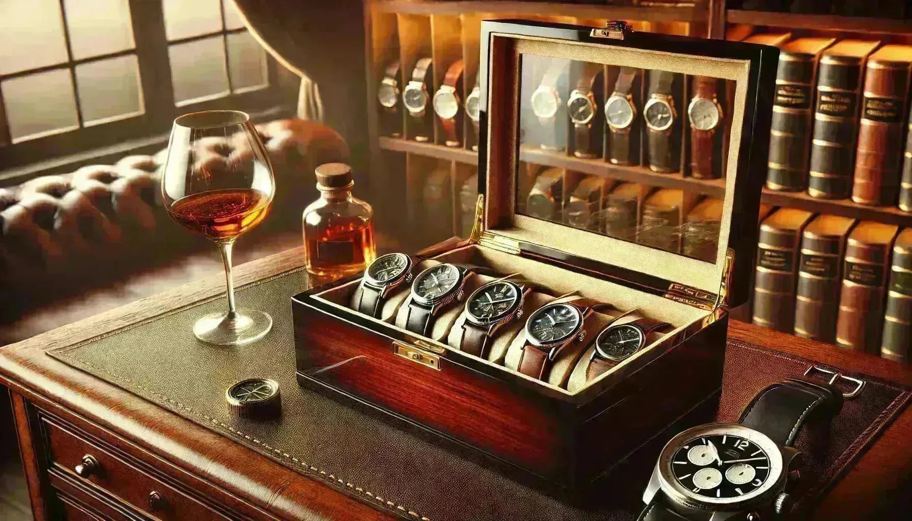 Elegant wooden watch box displaying five luxury timepieces on a leather desk with a glass of whiskey.