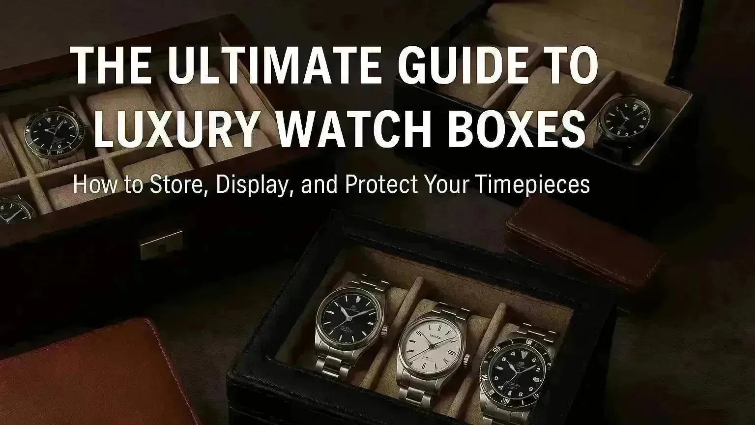 Assortment of luxury watch boxes in leather and wood, displaying various timepieces.