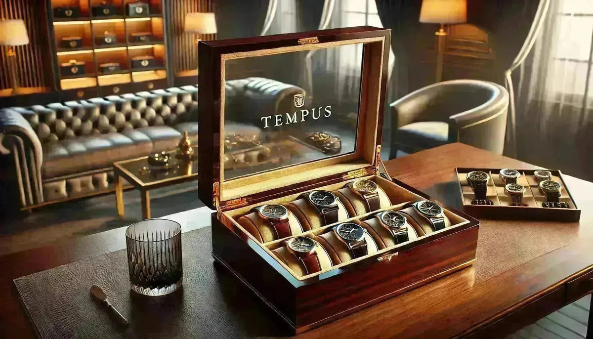 Elegant dark wood Tempus watch box with a glass lid displaying luxury timepieces on a leather desk in a sophisticated study.