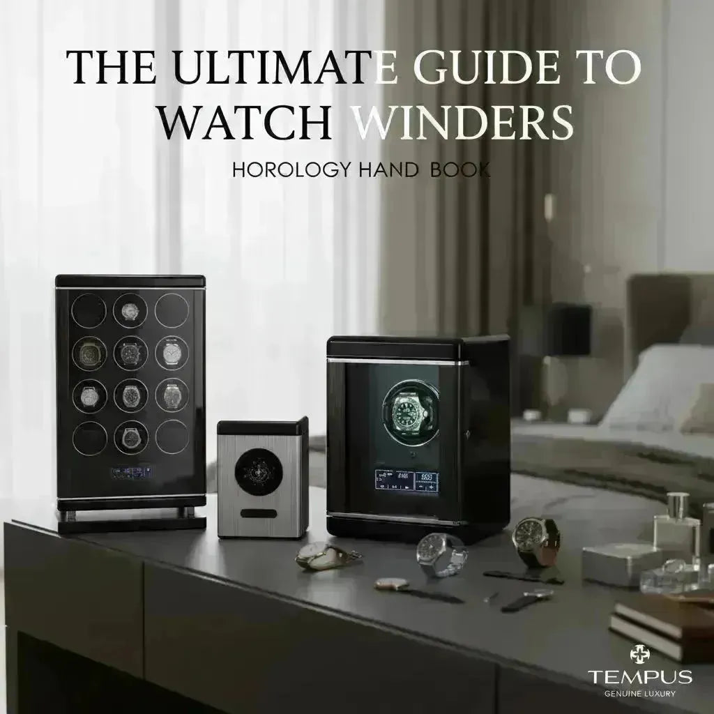 Three sleek black and metallic automatic watch winders displayed on a modern bedroom dresser.