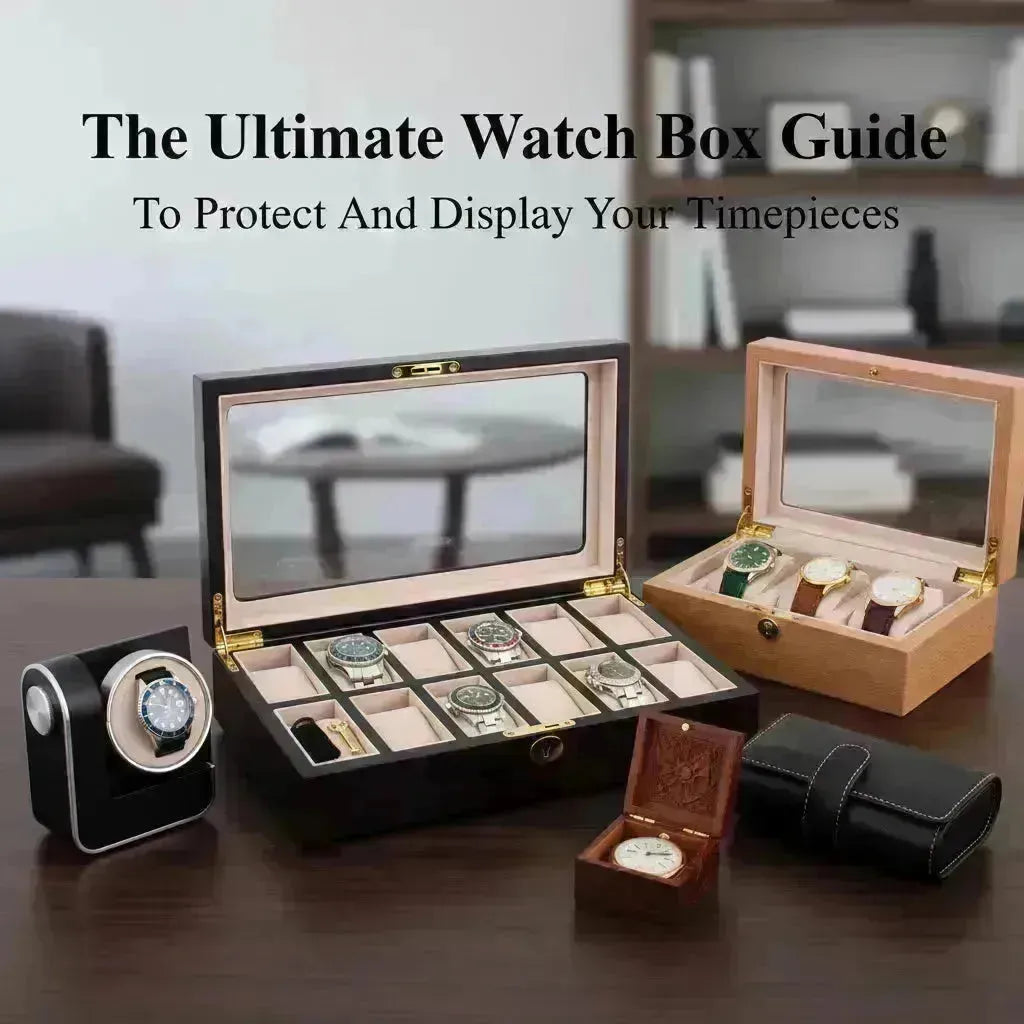 Collection of watch boxes: a large black wooden display case, a light wood box, a watch winder, and a travel roll.