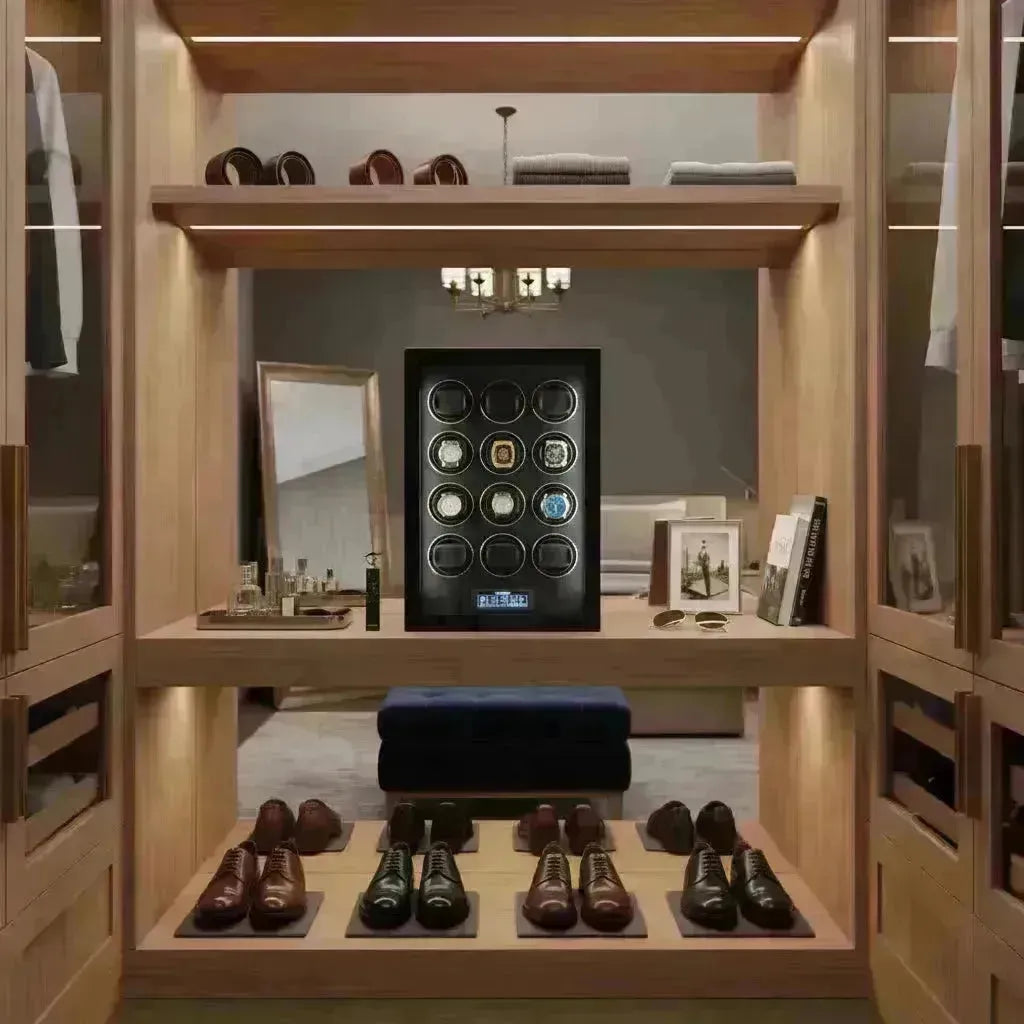 Luxury watch winder with 12 slots, displayed in a well-lit wooden closet alongside shoes and accessories.