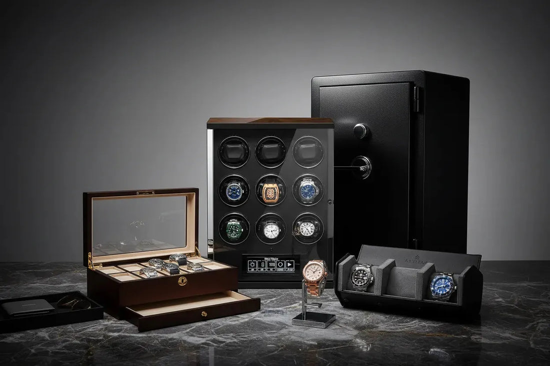 Luxury watch storage: a dark wood box, a 9-slot winder, a secure safe, and a display stand.