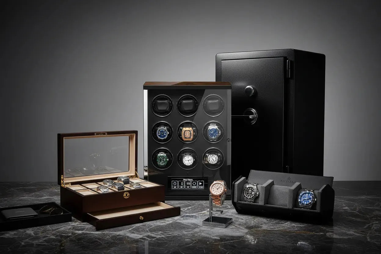 Luxury watch storage: a dark wood box, a 9-slot winder, a secure safe, and a display stand.