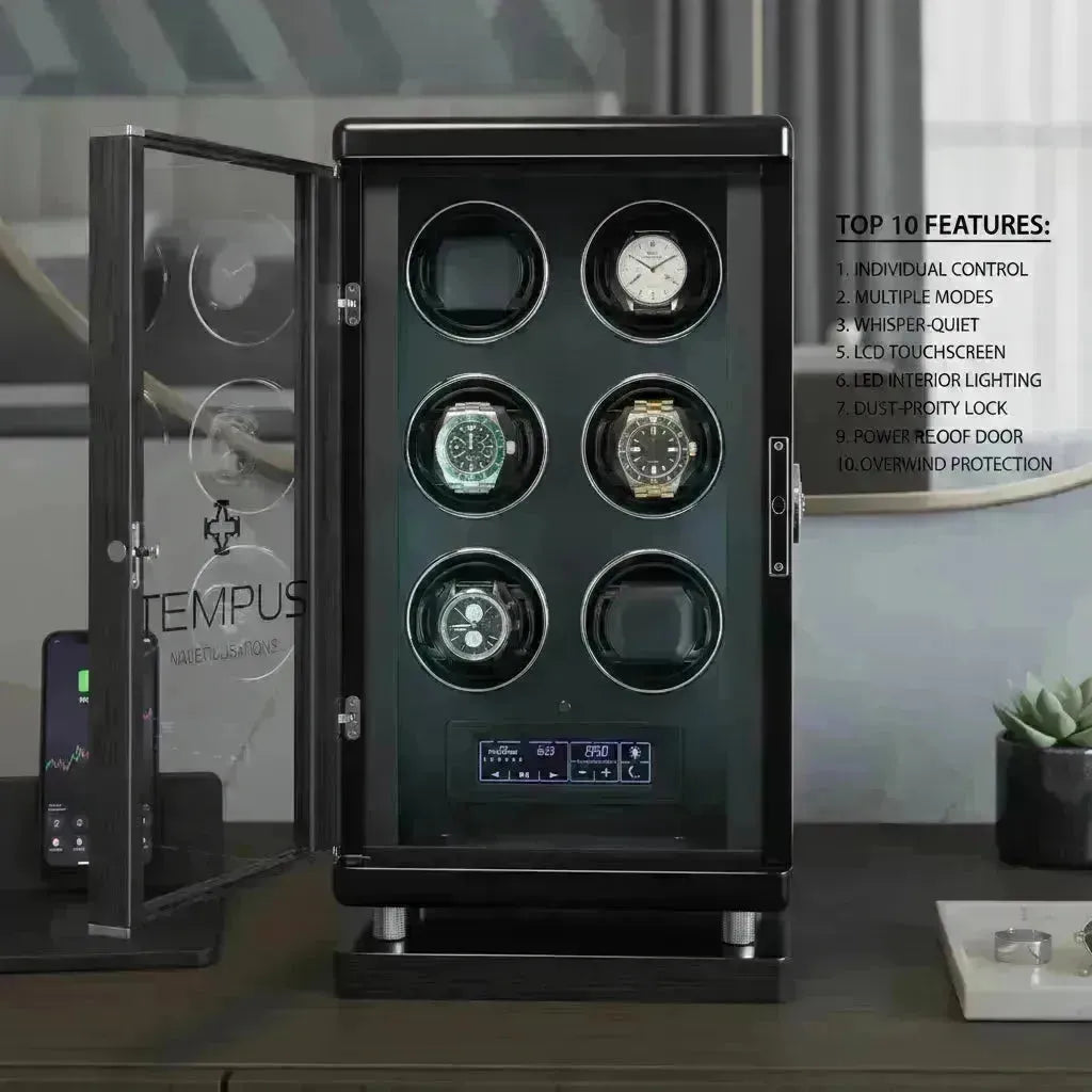 Sleek black watch winder with six slots, three luxury watches, and a digital touchscreen display.