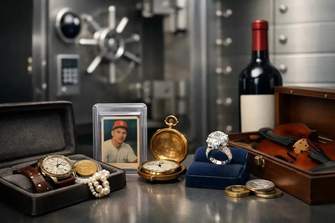 Valuables like a diamond ring, vintage watch, and baseball card displayed in front of a secure metal vault.