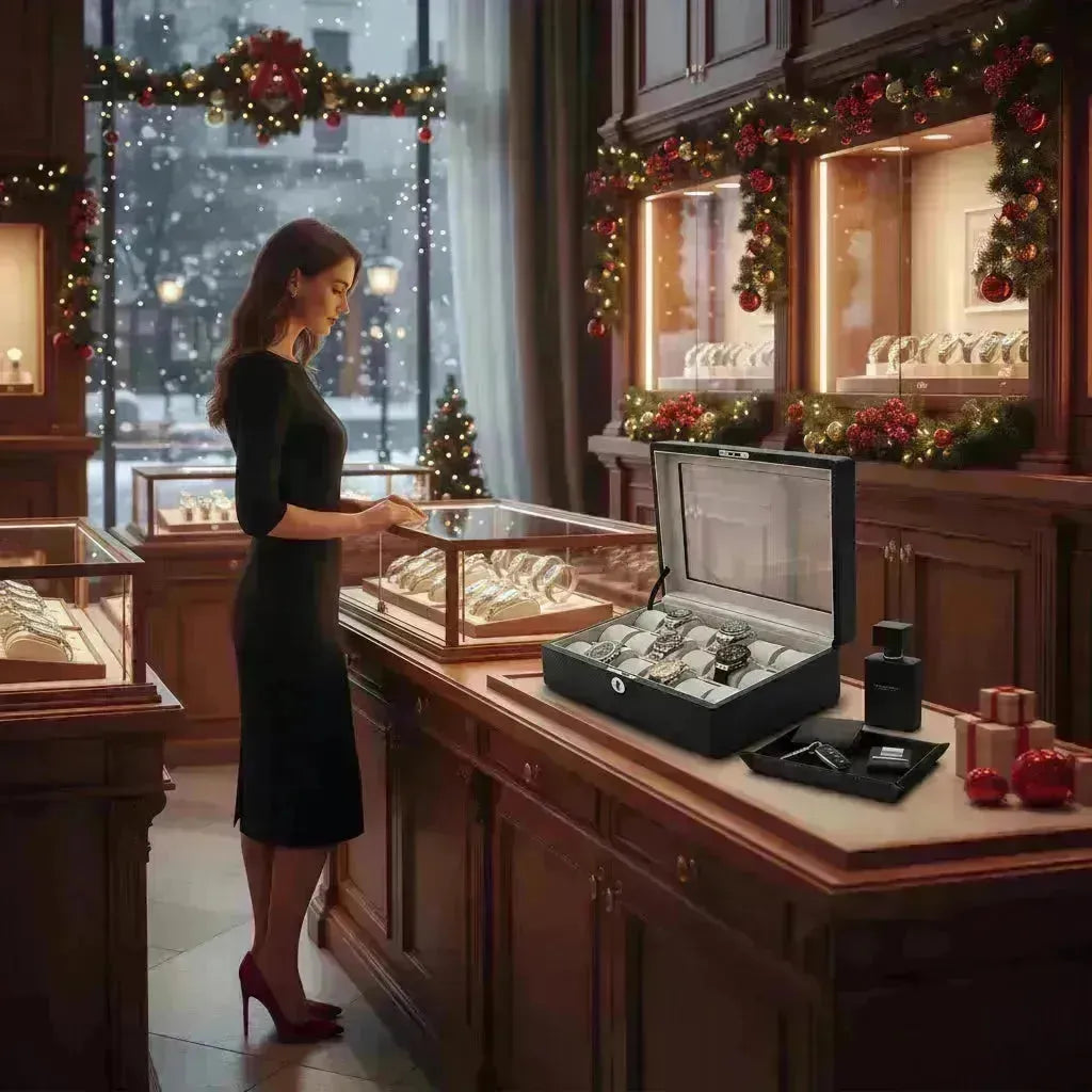 Elegant black leather watch case with glass lid, displaying luxury watches in a festive jewelry store.