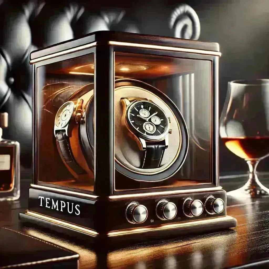 Tempus luxury watch winder with two automatic watches, dark wood, glass, and gold accents.