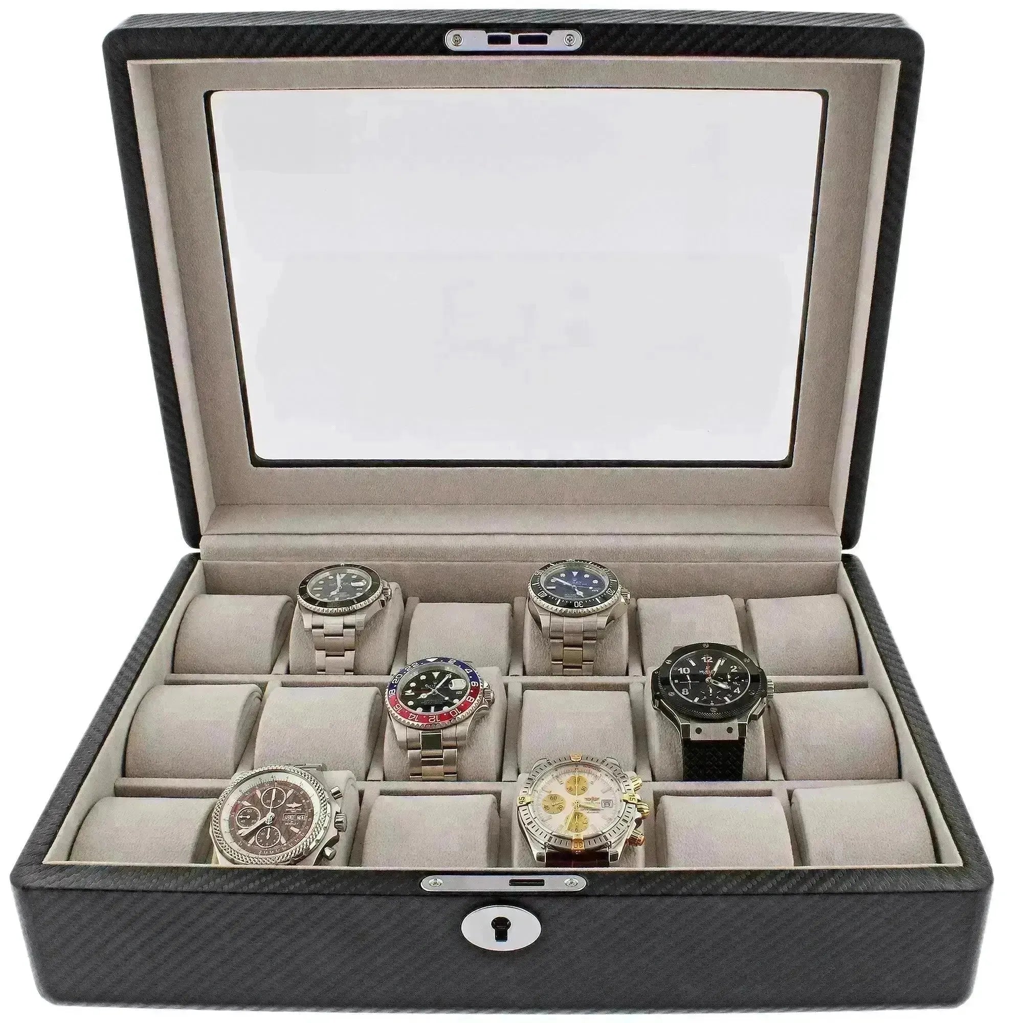 Tempus carbon fiber watch winder and box with a clear lid, displaying six luxury watches on gray cushions.
