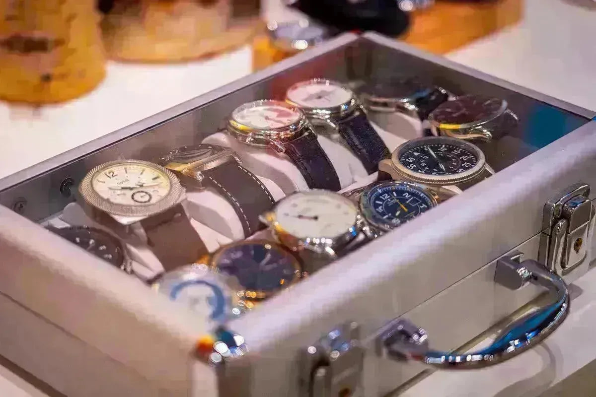 Elegant silver Tempus watch box with a glass lid displaying a collection of luxury wristwatches on white cushions.