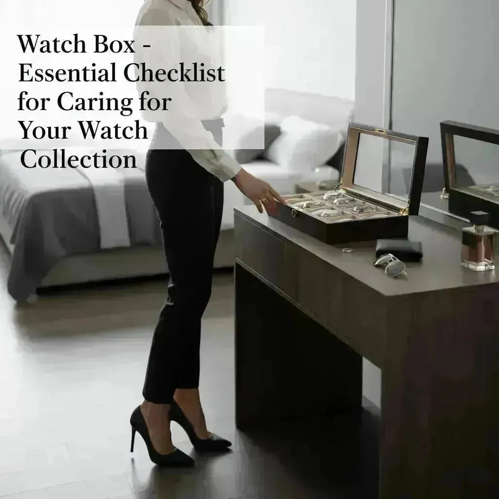Woman in black heels and pants opening a dark wooden watch box with a glass top, revealing several watches.