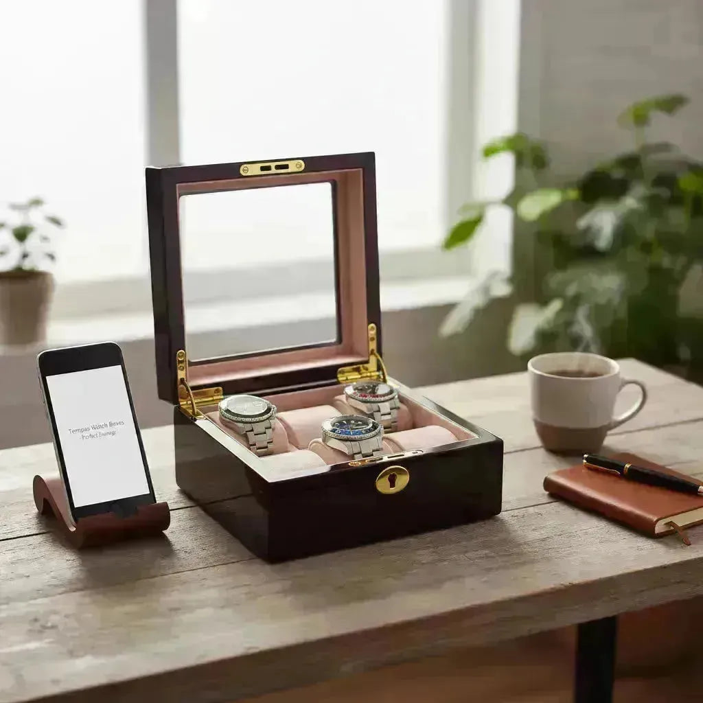 Elegant dark wood Tempus watch box with glass lid, holding three watches, on a wooden desk.