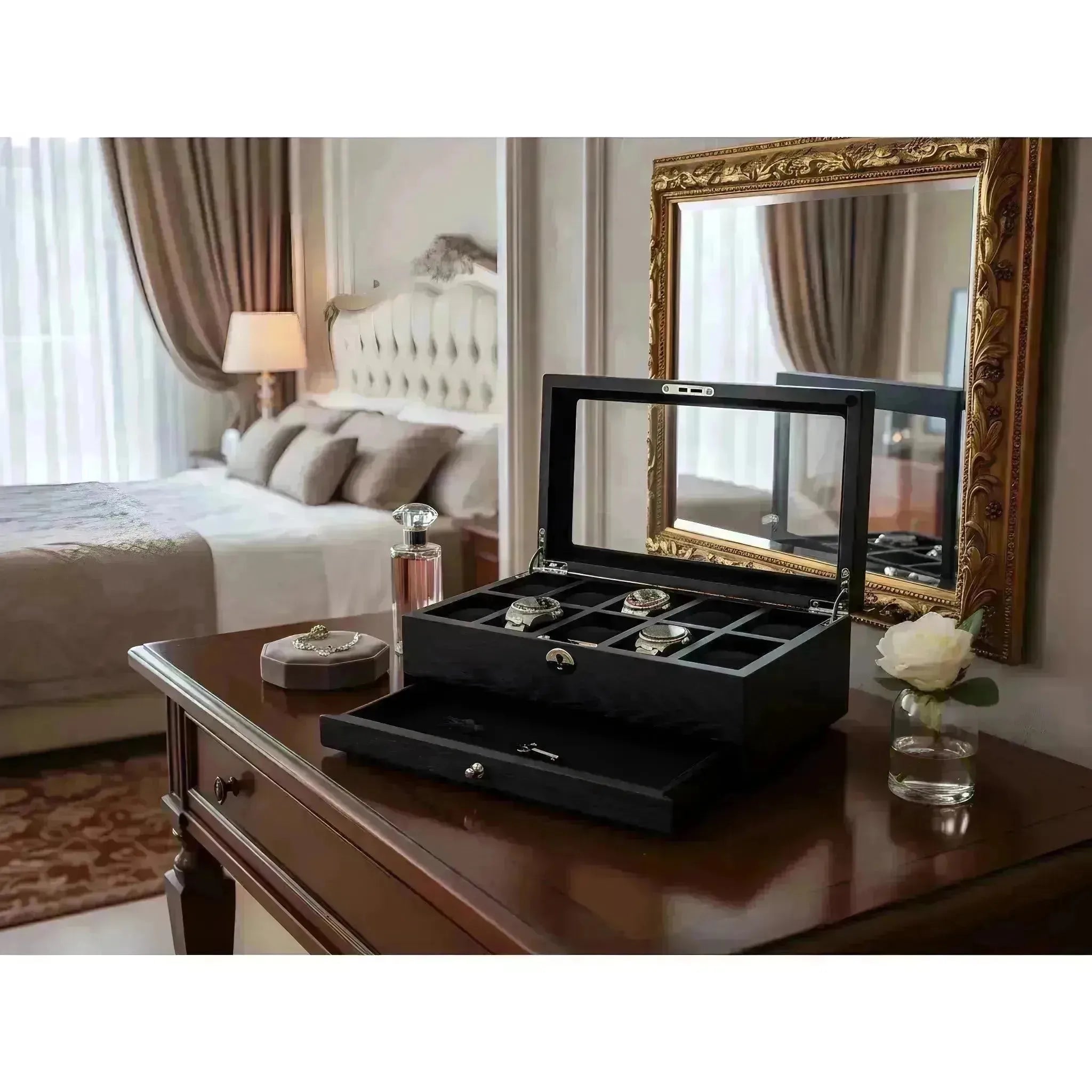 Elegant black wooden watch box with glass top and pull-out drawer, holding watches on a dresser.