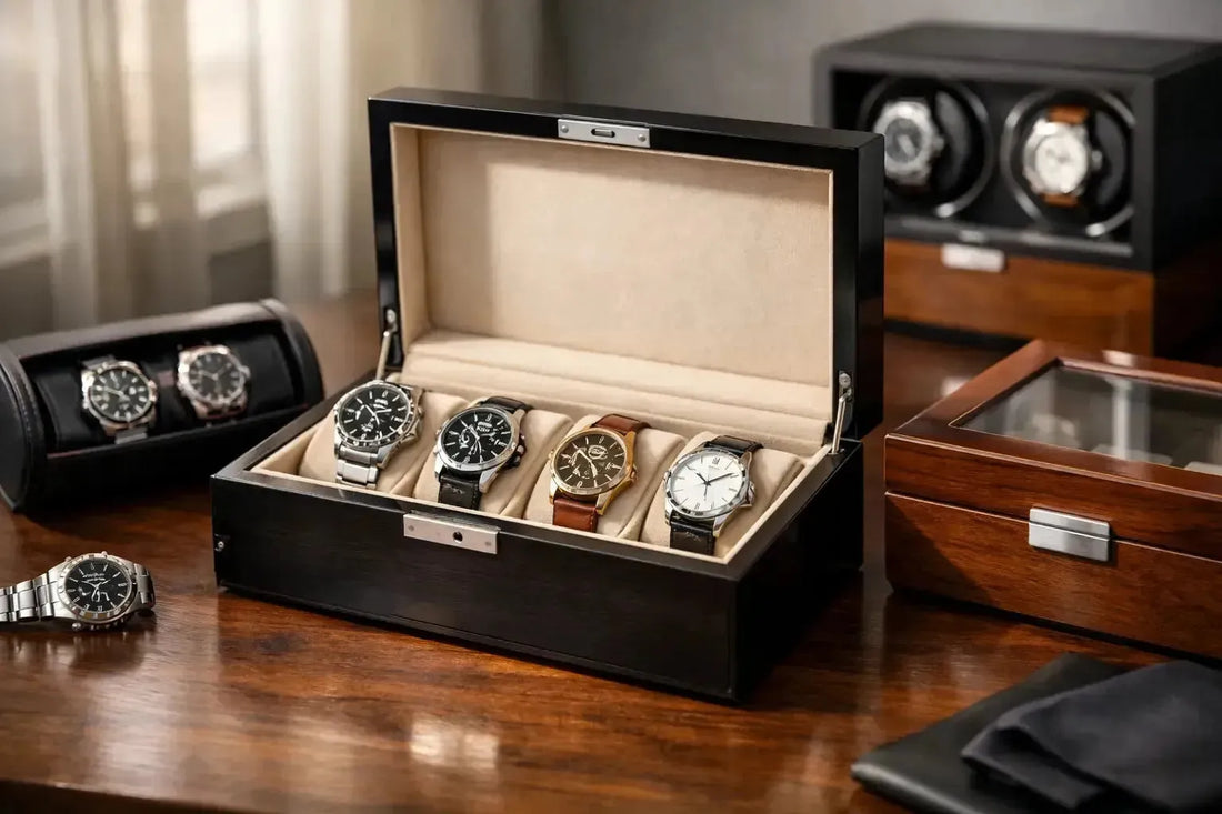 A black wooden watch box displaying four luxury wristwatches on a desk with other watch storage cases.