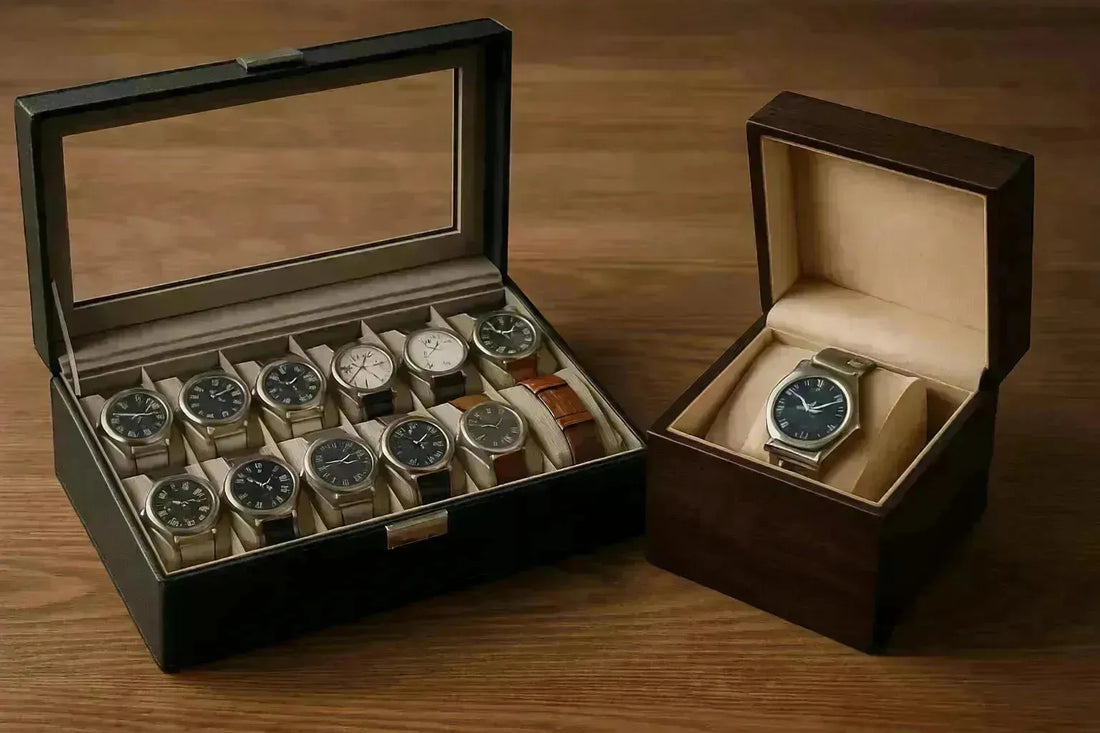 Large black watch box with many watches next to a single dark wood watch box with one watch.