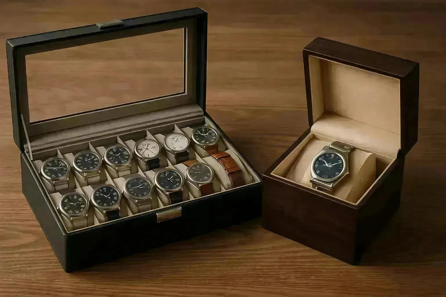 Large black watch box with many watches next to a single dark wood watch box with one watch.