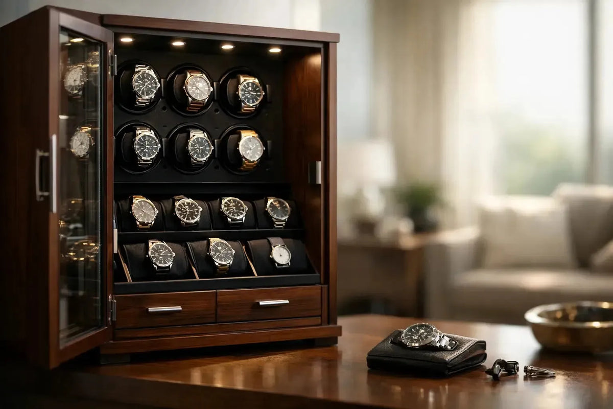 Elegant dark wood watch cabinet with interior LED lighting displaying a collection of luxury timepieces.