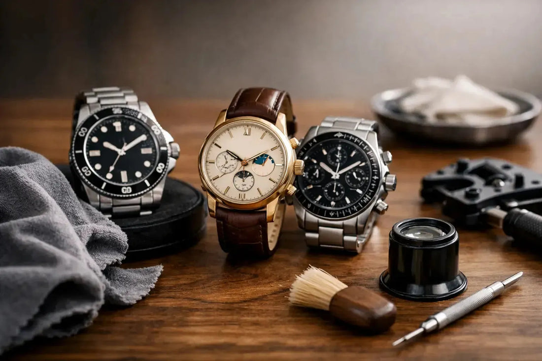 Three luxury wristwatches arranged on a wooden workbench with professional cleaning tools and a magnifying loupe.