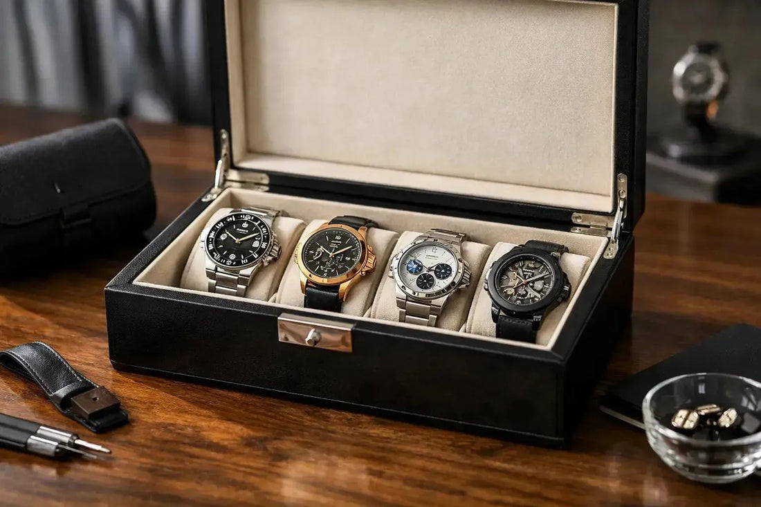 Black leather watch box with four luxury timepieces on beige velvet cushions, displayed on a wooden desk.