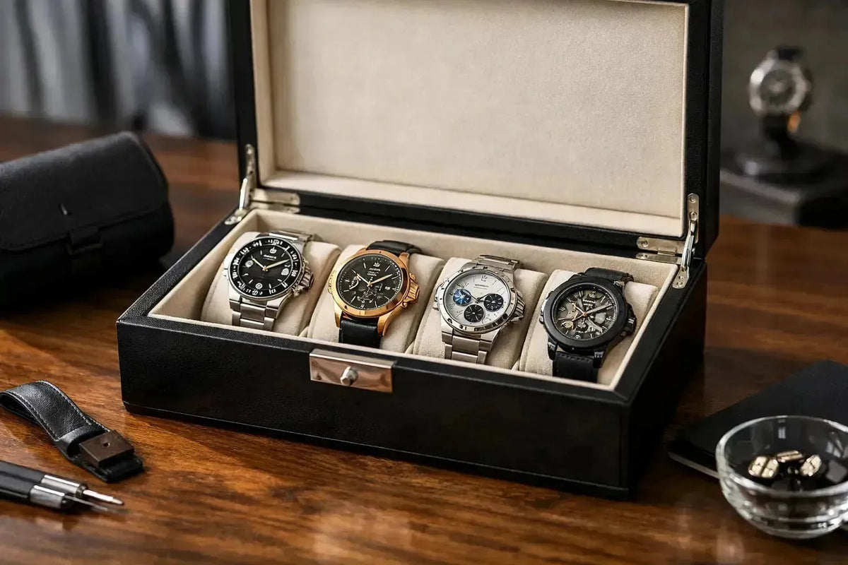 Elegant black leather watch box containing four luxury timepieces on a wooden desk.