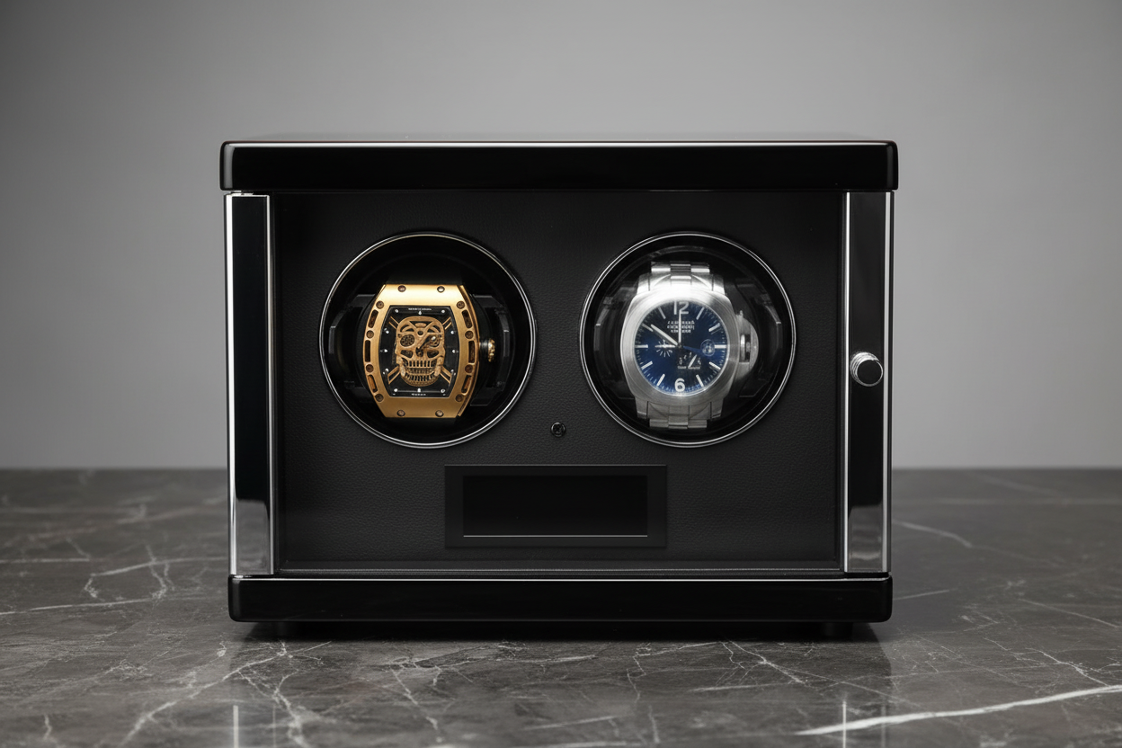 Luxury watch rotator and winder on dark marble surface with chrome and leather finish