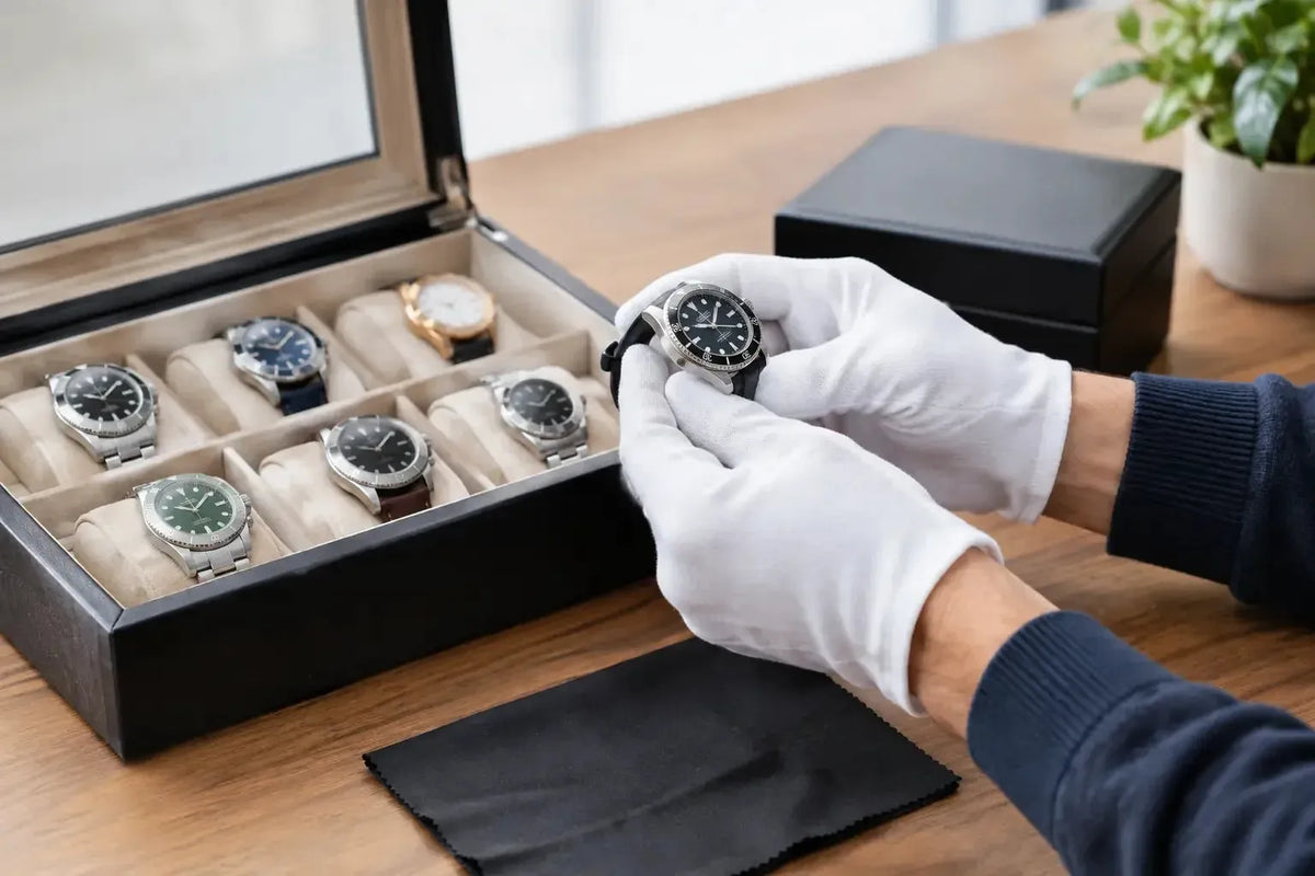 Hands in white gloves inspecting a luxury watch next to a black leather display case filled with high-end timepieces.