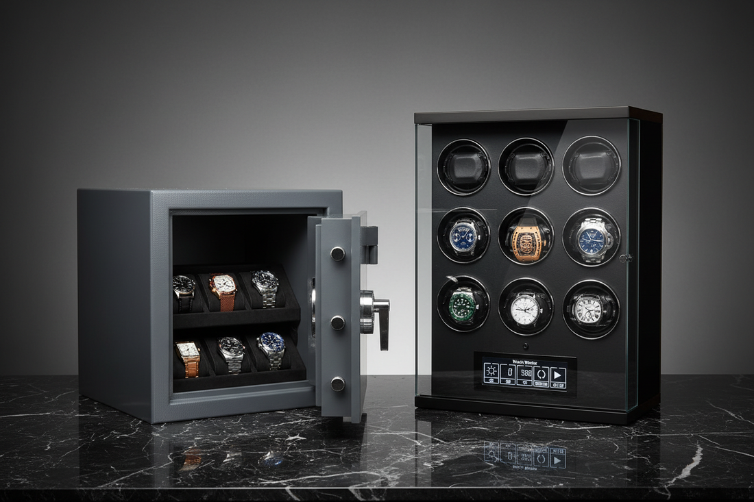 Steel watch safe with door open beside a watch winder on dark marble surface in studio lighting