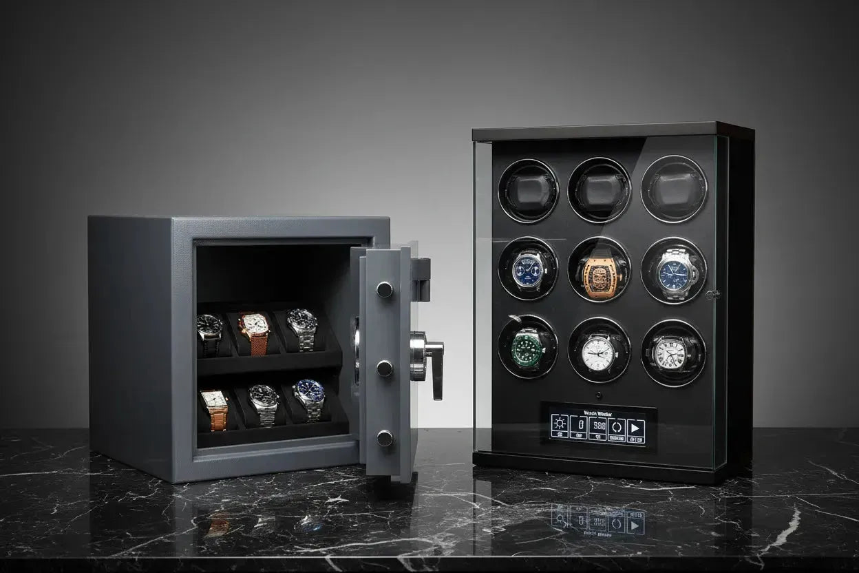 Grey steel watch safe next to a black automatic watch winder display case on a marble surface.