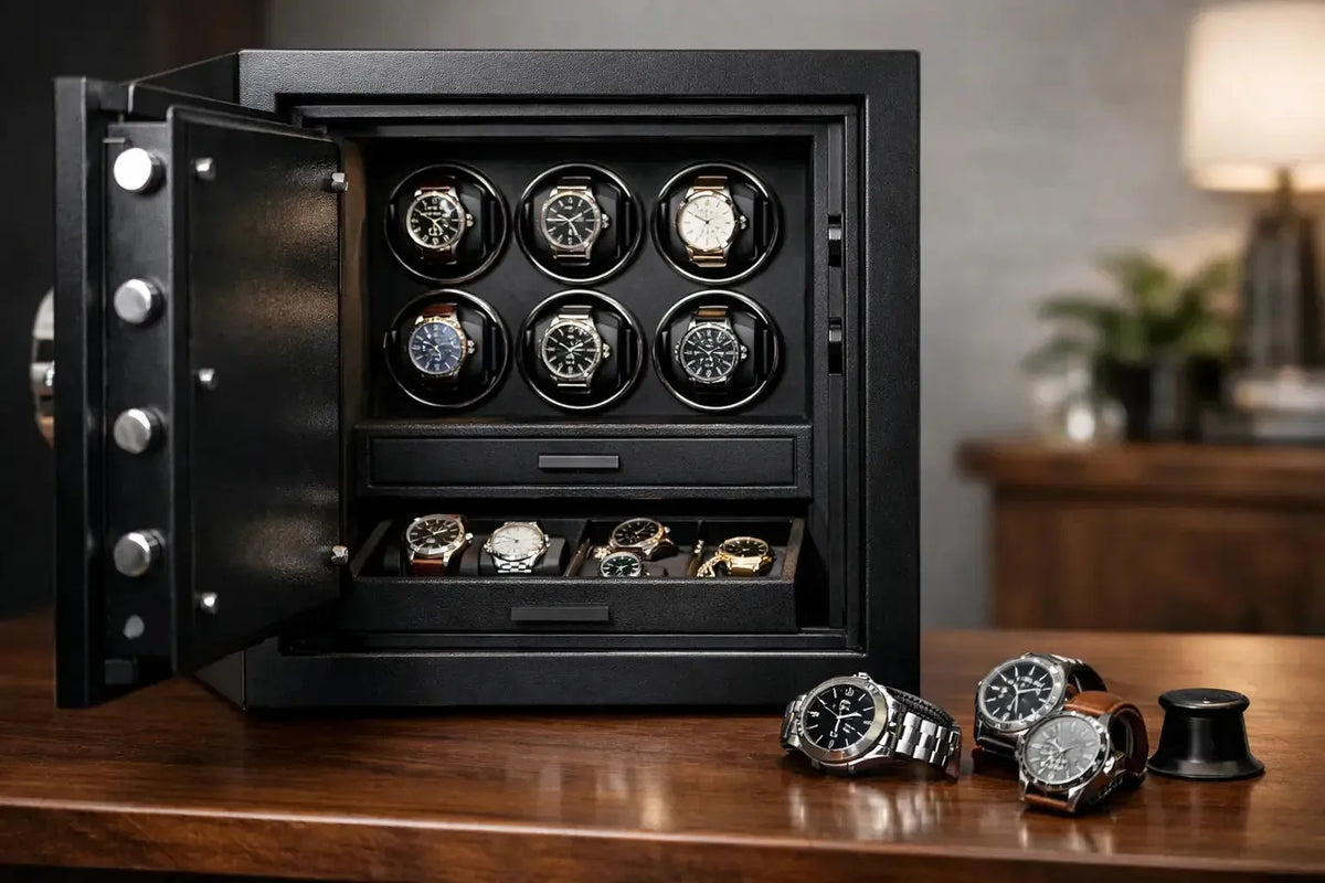 Black luxury watch safe with six automatic winders and storage drawers, displayed on a wooden desk with loose timepieces.