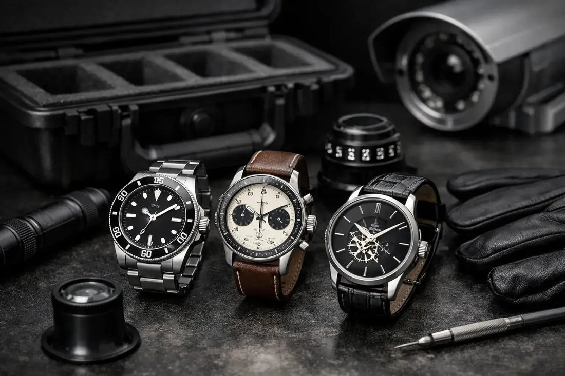 Three luxury watches displayed with security gear, a surveillance camera, and tools on a dark textured surface.