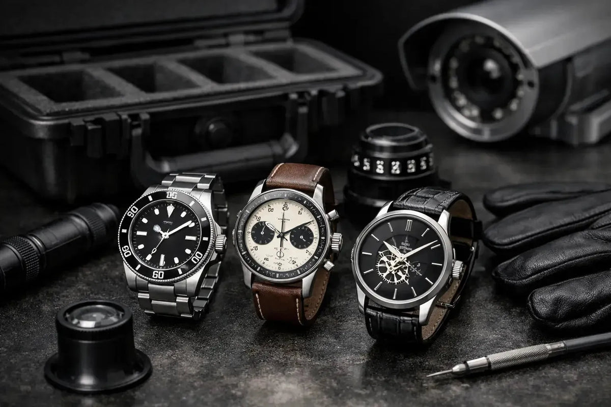 Three luxury watches displayed with security gear, a surveillance camera, and tools on a dark textured surface.
