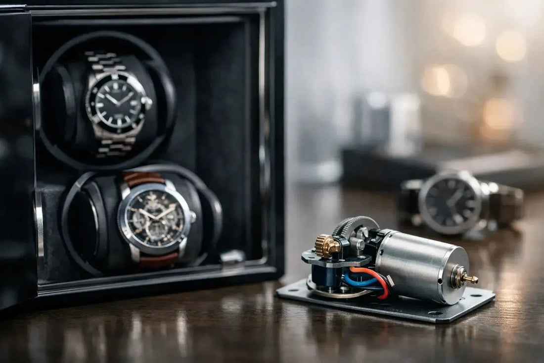 A watch winder motor mechanism sitting next to a black luxury watch winder case holding two automatic timepieces.