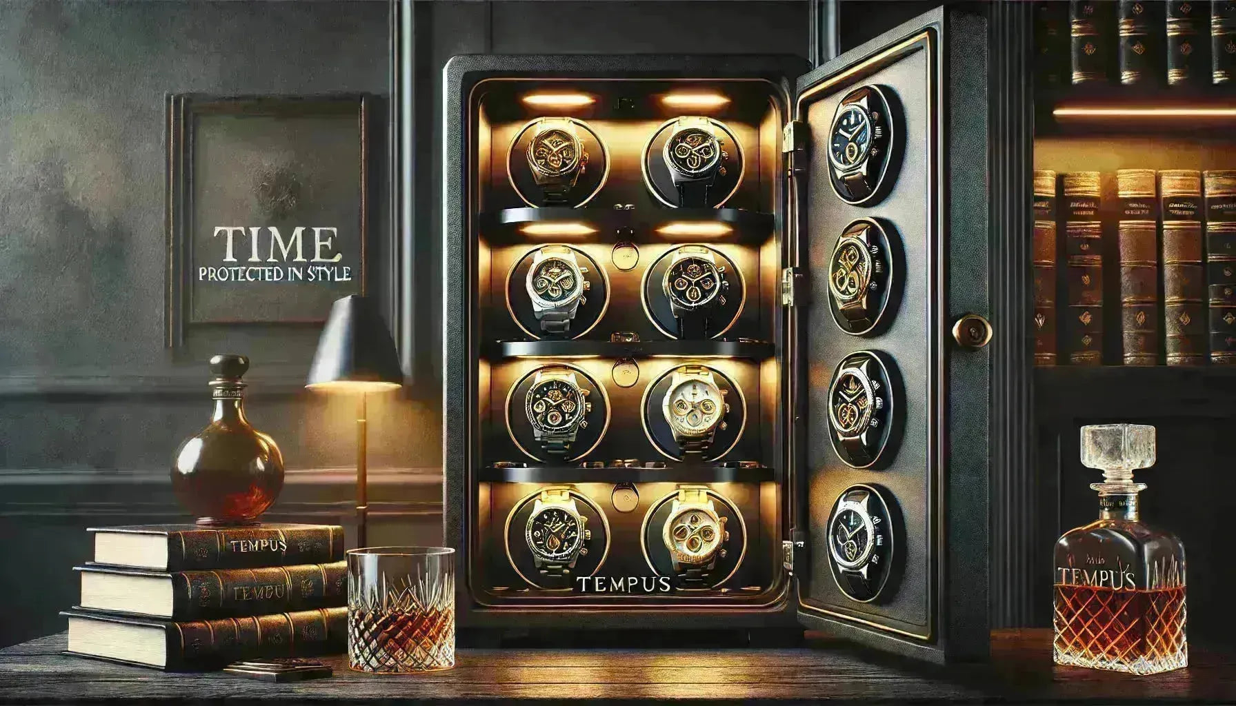 Luxury Tempus watch winder safe with illuminated interior, displaying multiple high-end timepieces in a refined study.