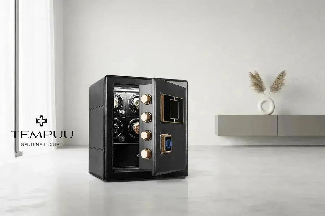 Open black watch winder safe with gold accents, showing multiple watches inside.