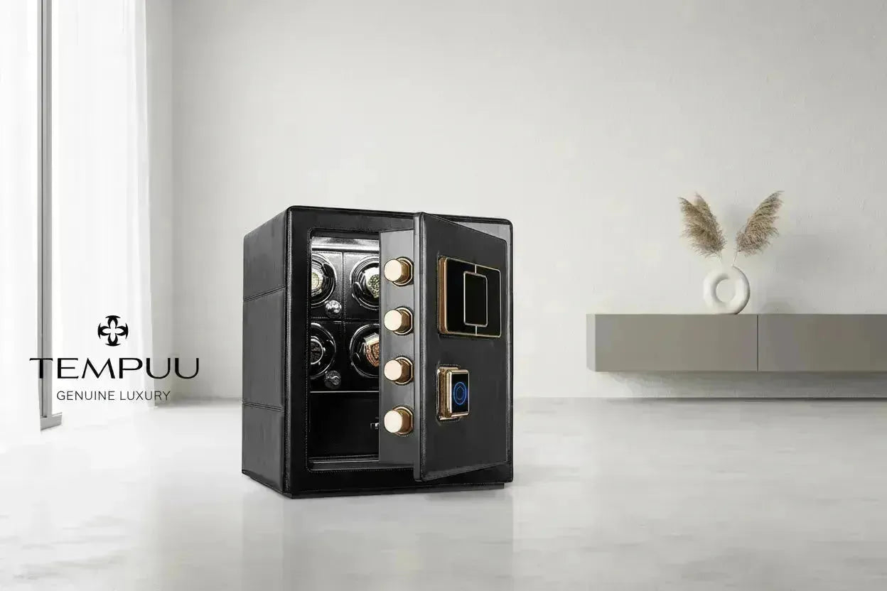 Open black watch winder safe with gold accents, showing multiple watches inside.