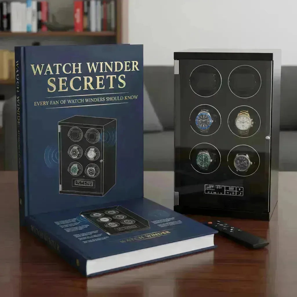 Blue "Watch Winder Secrets" book next to a black watch winder cabinet with six luxury watches.