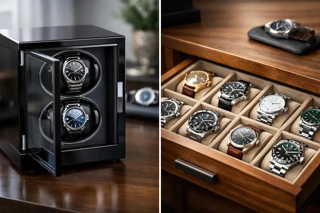 A black automatic watch winder next to a wooden drawer organizer filled with luxury wristwatches.