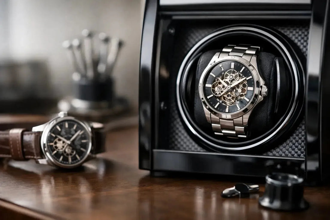 Skeleton watch inside a black automatic winder with a second timepiece on a wooden desk.