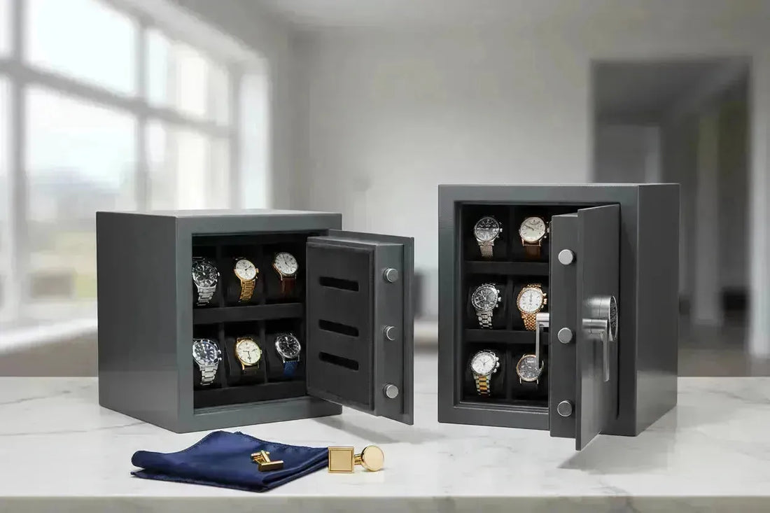 Two open gray safes displaying luxury watch collections, with cufflinks and a pocket square nearby.
