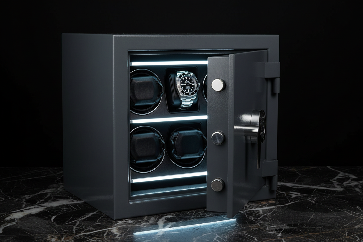 Rolex watch inside an open luxury watch winder safe with LED interior lighting