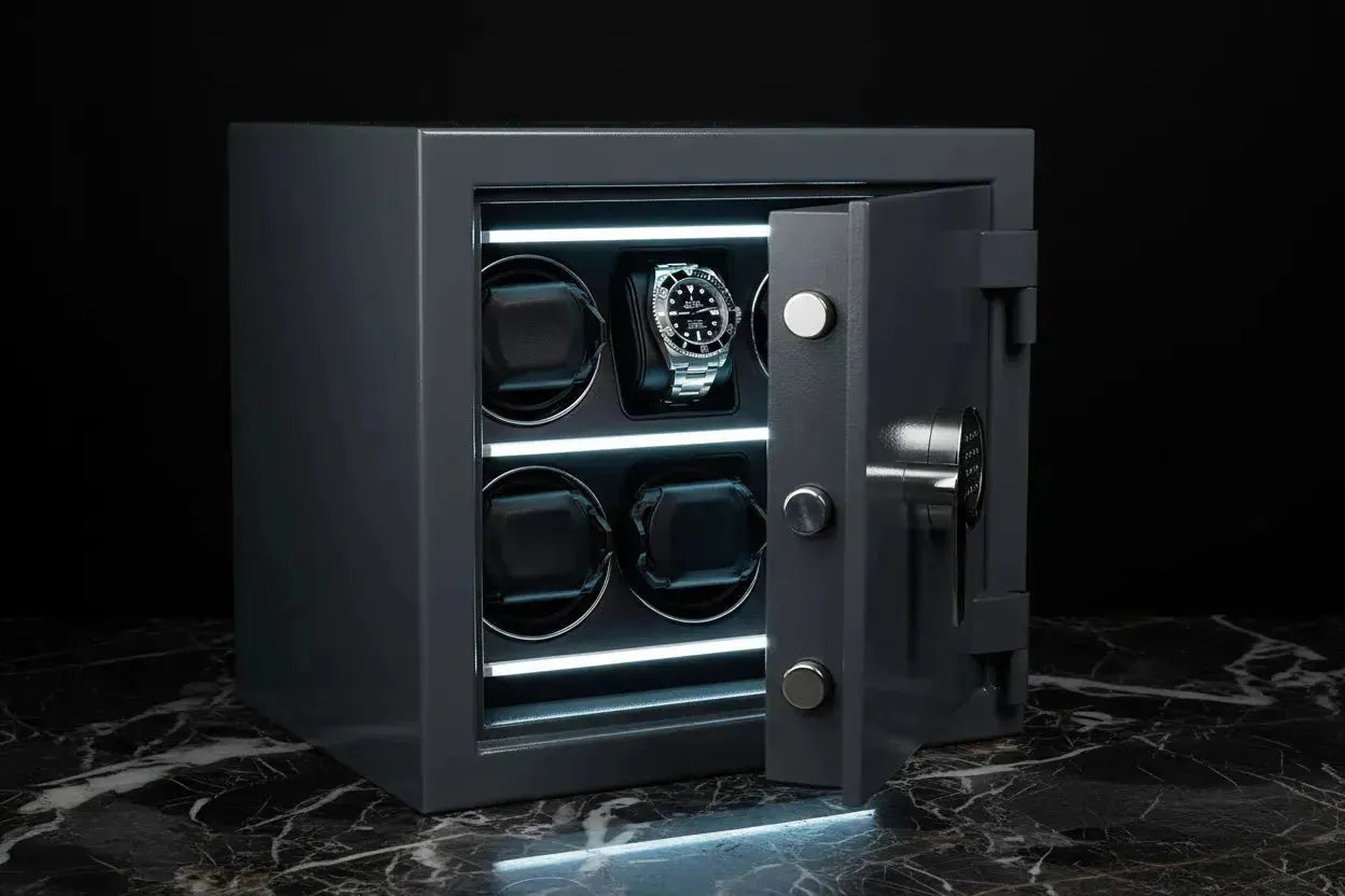 Modern grey watch winder safe with LED lighting and a luxury stainless steel watch inside.