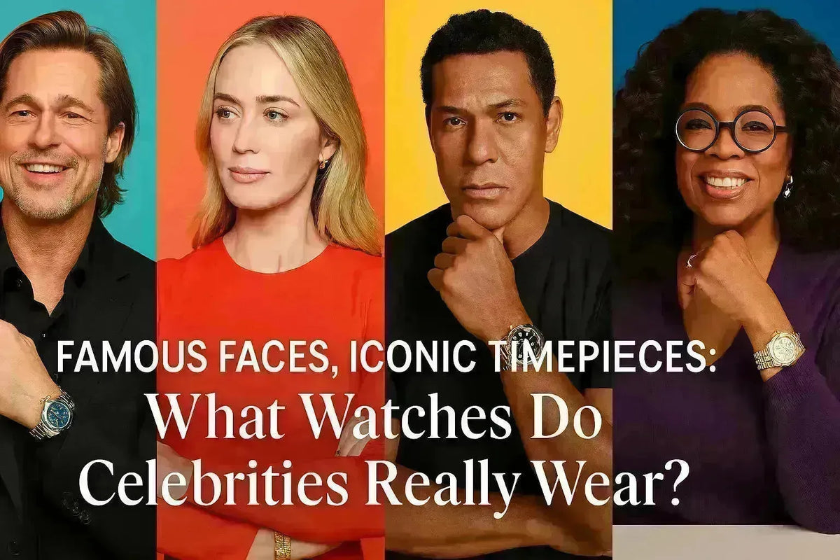 Celebrities like Brad Pitt and Oprah wearing luxury wristwatches against a colorful background.