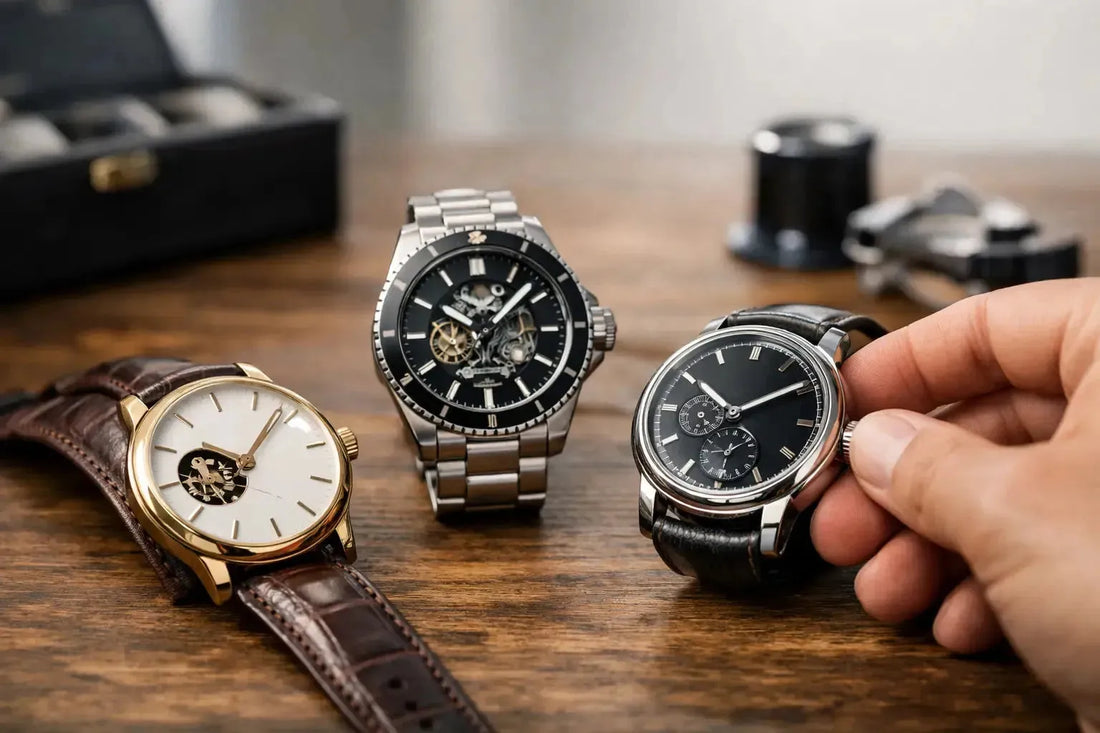 A hand winding a mechanical watch next to a skeleton dial watch and a gold dress watch on a wooden table.